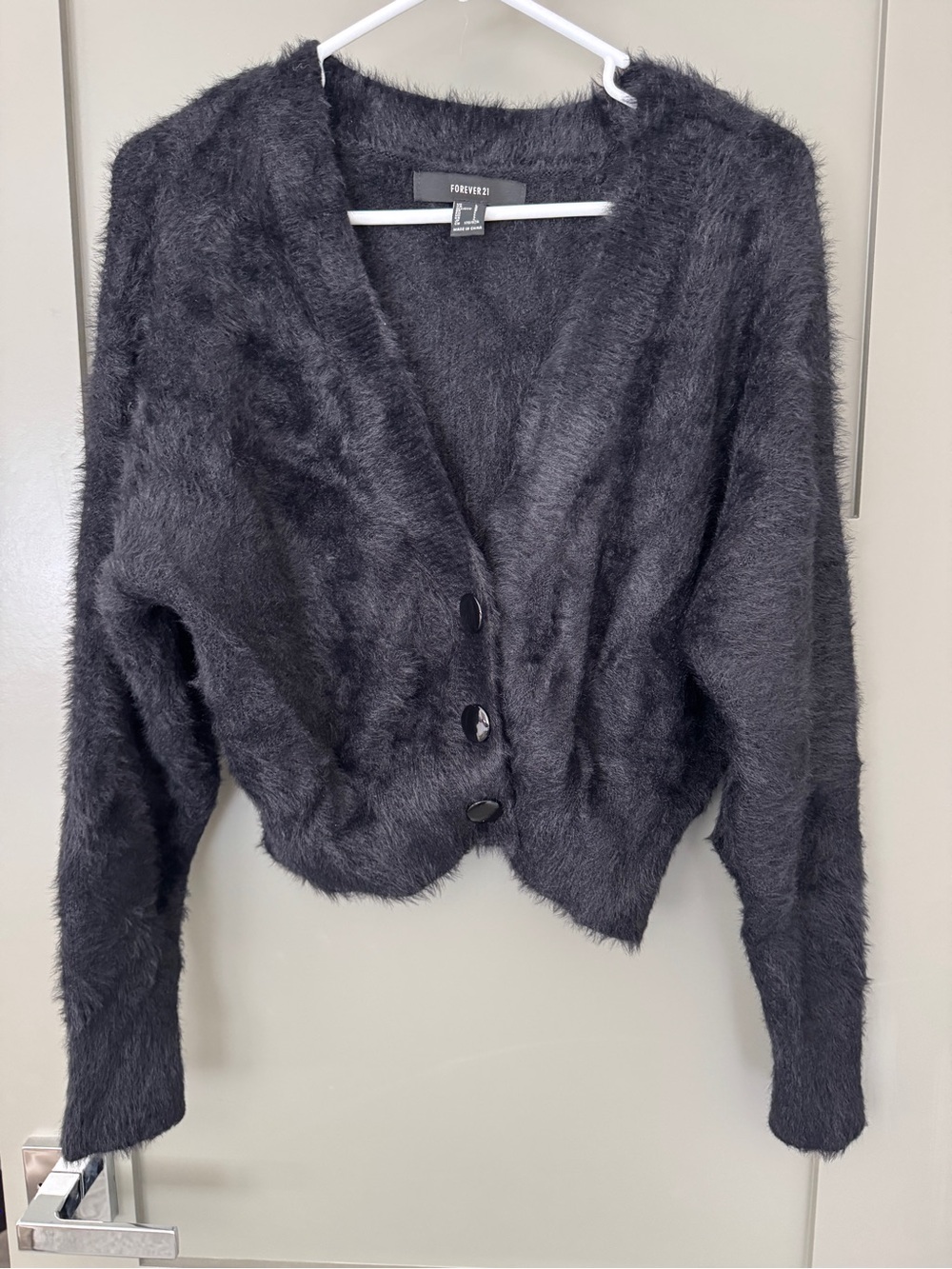 Forever 21 Black Fuzzy V-Neck Button Cardigan
